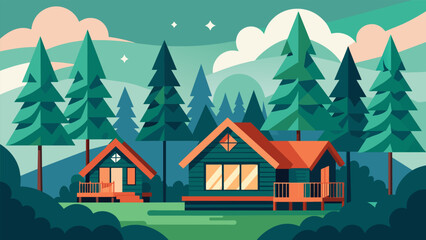 The retreats cozy cabins are nestled a the trees providing a comfortable and natural abode for guests to relax and disconnect.. Vector illustration