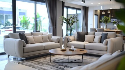 Cozy Modern Scandinavian Living Room with Sofa and Green Plants