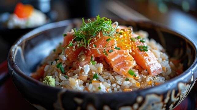 Fried rice topped with salmon