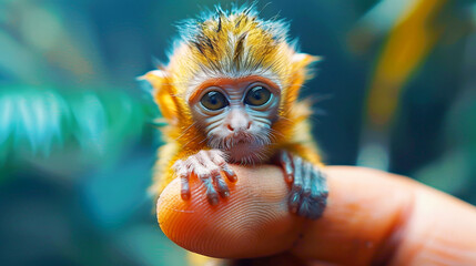 Adorable baby monkey clinging to a fingertip with a green, blurred background.