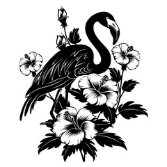 Floral Flamingo Line Art Illustration, Black and white line art illustration of a flamingo surrounded by flowers, ideal for artistic designs, prints, and nature-themed projects.