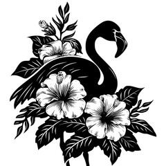 Floral Flamingo Line Art Illustration, Black and white line art illustration of a flamingo surrounded by flowers, ideal for artistic designs, prints, and nature-themed projects.