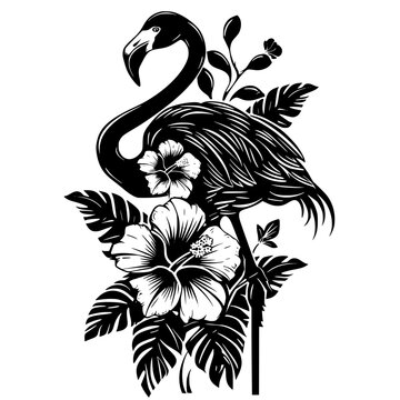 recommend clip art: Floral Flamingo Line Art Illustration, Black and white line art illustration of a flamingo surrounded by flowers, ideal for artistic designs, prints, and nature-themed projects.