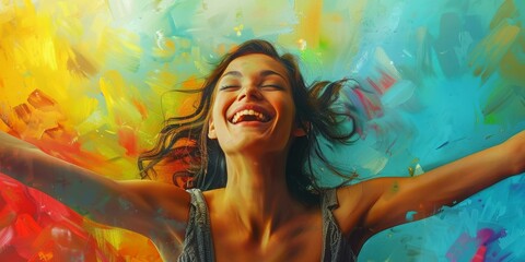 Woman in a Colorful Abstract Painting Smiling