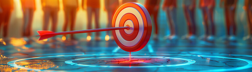 Arrow hitting the center of a target, business team celebrating in the background, red black white theme, goal achievement, copy space, high resolution