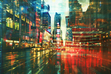 Abstract cityscape with American flag overlay, vibrant lights and reflections.