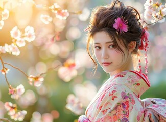 Portrait of a beautiful Japanese woman in traditional kimono with pink cherry blossoms