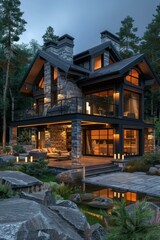 Modern mountain house exterior with large glass windows at dusk