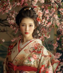 Portrait of a beautiful Japanese woman in traditional kimono