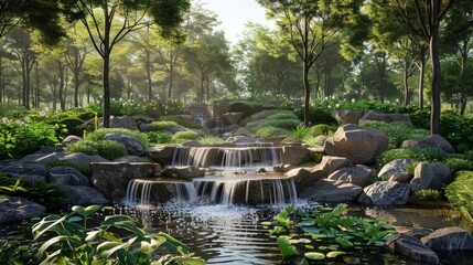 Waterfall in a lush green forest with rocks and plants