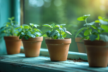 Row of colorful potted plants on a sunny window sill