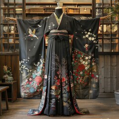 A kimono with a pattern of flowers and birds
