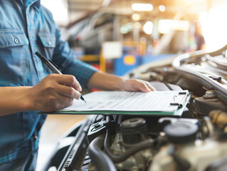 Closeup of a car repairman writing a job checklist on a clipboard, standing in front of an open car engine.