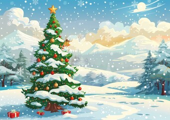 Fototapeta premium Winter Wonderland: Christmas Tree and Snow-Covered Landscape