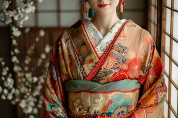 Naklejka premium Portrait of a Japanese woman wearing a kimono