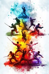 Naklejka premium A colorful poster of people in various martial arts poses