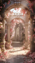 there is a archway with a statue and flowers in the background