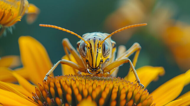 Close-up of working honey bea on small yellow flower
