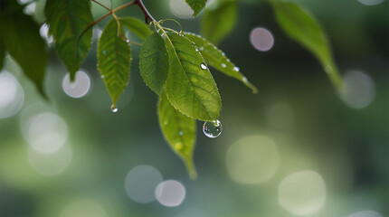 Blurred green leaf and bubble for background. AI generative
