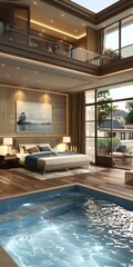 Modern bedroom with indoor swimming pool and floor-to-ceiling windows