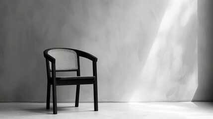 Modern black chair with cane back in a bright room with light streaming in.