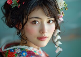 Naklejka premium portrait of a beautiful asian woman in traditional japanese kimono with flowers in her hair