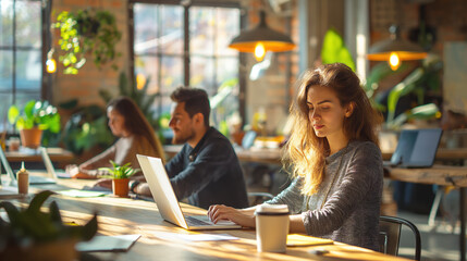 People working on laptops in a cozy cafe setting, natural light, with plants and warm interior tones, concept of a modern workspace. Generative AI