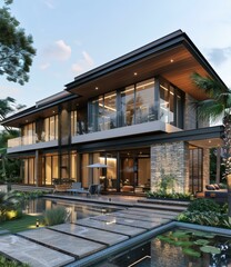 Fototapeta premium Luxury Modern Villa with Private Pool and Courtyard
