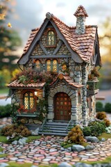 Fototapeta premium A cute stone cottage with a brown roof and a small garden