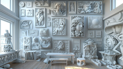there are many sculptures on the wall in this room