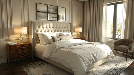 A bedroom with a white bed