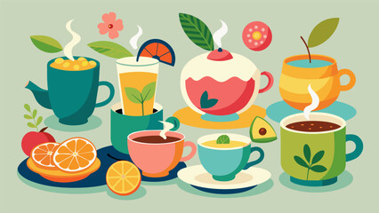 A selection of artisanal teas from fruity and floral blends to bold and robust varieties all served in delicate teacups.. Vector illustration