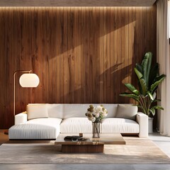 Modern Living Room with Wood Paneling and Large Couch