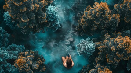 Obraz premium Woman relaxing in nature, sitting by the water and looking at her cell phone, subject: cell phone addiction, 16:9