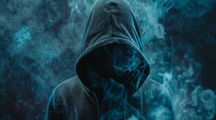 A person is wearing a hoodie and standing in front of a cloud of smoke