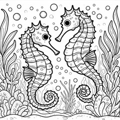 Fototapeta premium Seahorses in Underwater Scene - Kids' Coloring Book Page