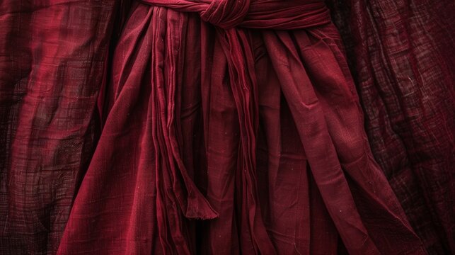 A deep burgundy linen dress colored with madder root a common dye for textiles.