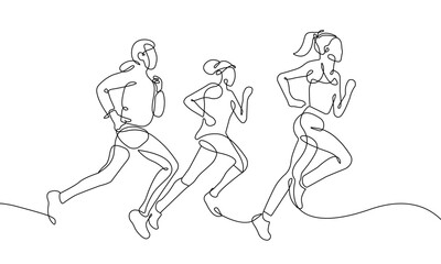 Runners Group One Line Drawing. Running Concept Abstract Minimal Drawing. Athlete Continuous One Line Illustration. Activity Lifestyle Modern Trendy Contour Drawing. Vector EPS 10.