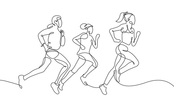 Runners Group One Line Drawing. Running Concept Abstract Minimal Drawing. Athlete Continuous One Line Illustration. Activity Lifestyle Modern Trendy Contour Drawing. Vector EPS 10.