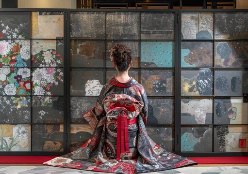 A woman wearing a kimono is&egrave;&middot;&ordf;&aring;&aring;&oelig;&uml;&ccedil;&bull;&sup3;&atilde;&reg;&auml;&cedil;&Scaron;&atilde;&sect; in front of a wall