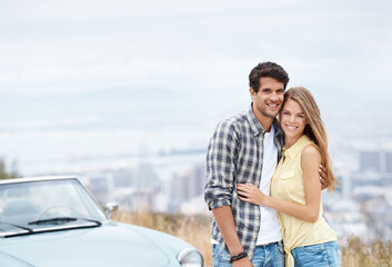 Obraz premium Portrait, love or happy couple hug on road trip on holiday together for break, romance or adventure in park. Relax, convertible or people in car vehicle for outdoor vacation for journey or honeymoon