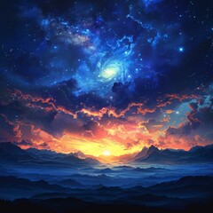 Naklejka premium Celestial Sunset over the Mountain Landscape