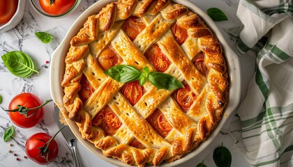 A pie with a lattice crust and a basil leaf on top
