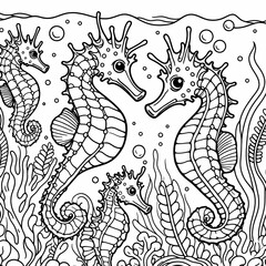 Seahorses in Underwater Scene - Kids' Coloring Book Page