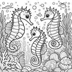 Fototapeta premium Seahorses in Underwater Scene - Kids' Coloring Book Page