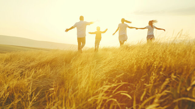 A family holding hands running through a golden field at sunset, with a warm and soft background, depicting togetherness and happiness. Generative AI