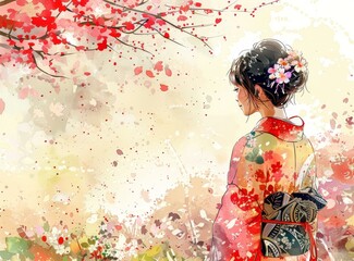 A woman in a kimono standing under a cherry blossom tree