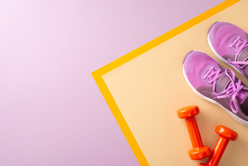 Gym necessities concept. Top view of female sport shoes, dumbbells, and mat on pastel purple background with space for text or advert