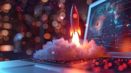 rocket launch for PC/ Laptop illustration, illustration of a rocket flying from the laptop screen,launching space rocket from laptop screen