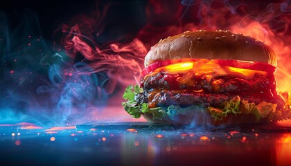 A burger with a glowing red cheese and tomato on top